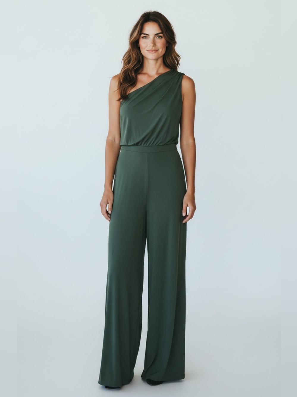 Love X Design One-Shoulder Wide-Leg Jumpsuit in Emerald Green. Women’s Size Medi